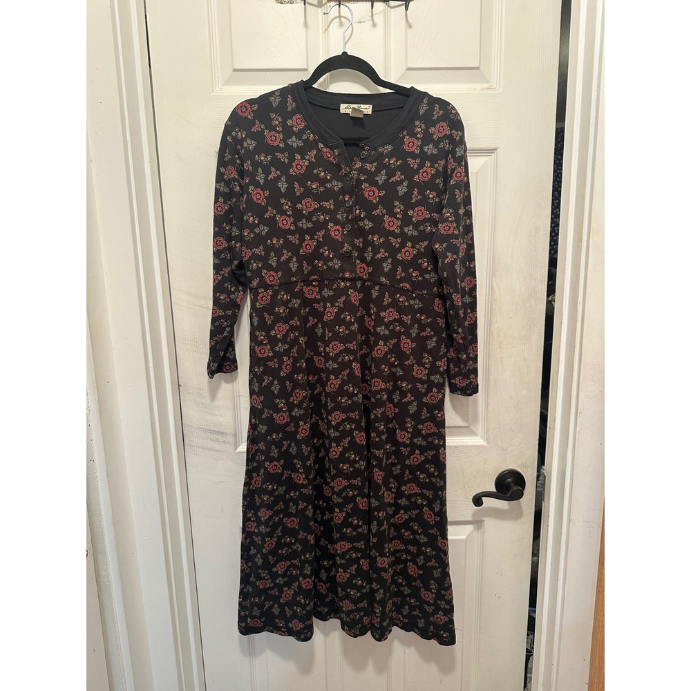Eddie Bauer Floral Henley Midi Dress Cotton Long Sleeve Petite Small Black Rose